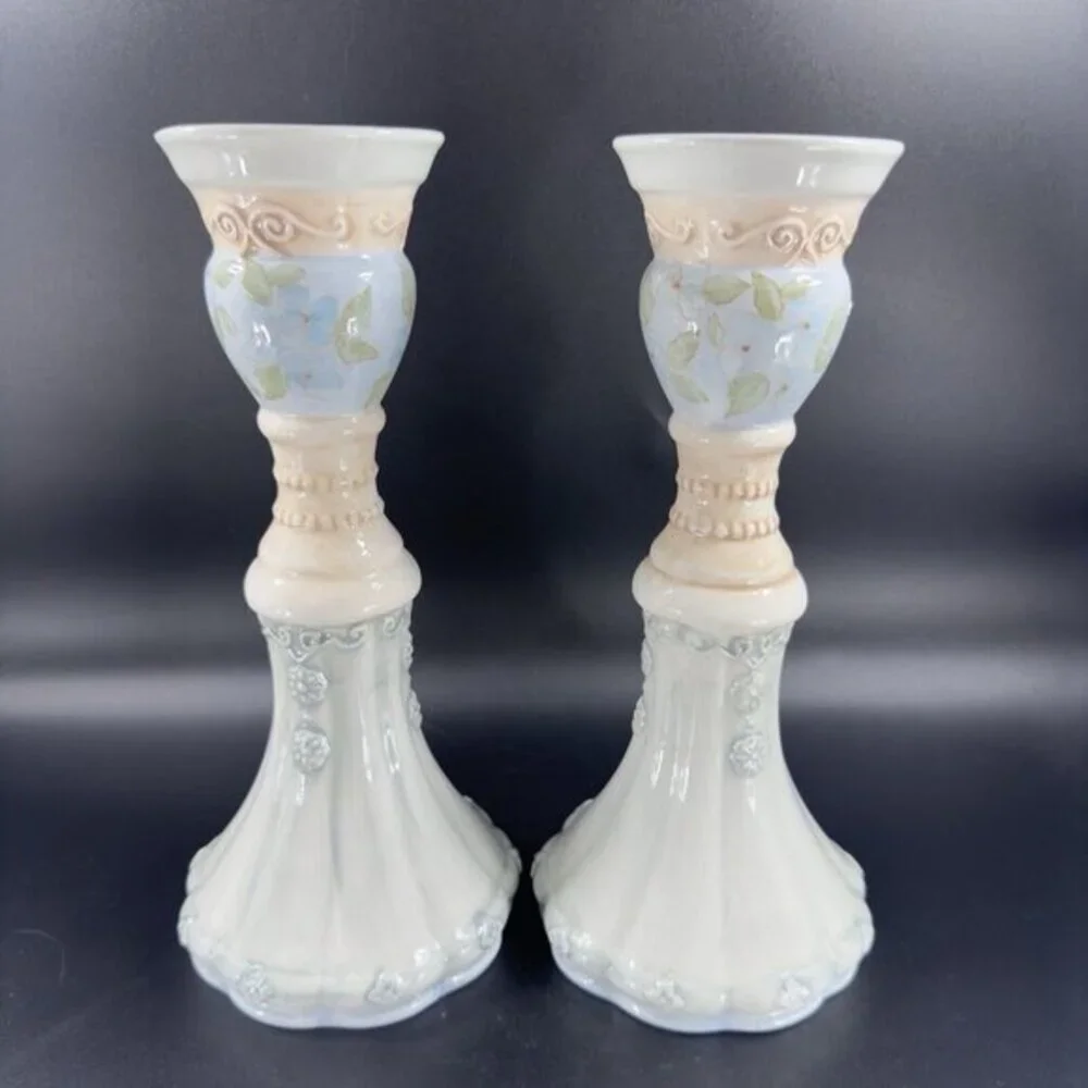 Tracy Porter Hand Painted Pillar Candle‎ Stick Holder Set Ceramic Caldecott